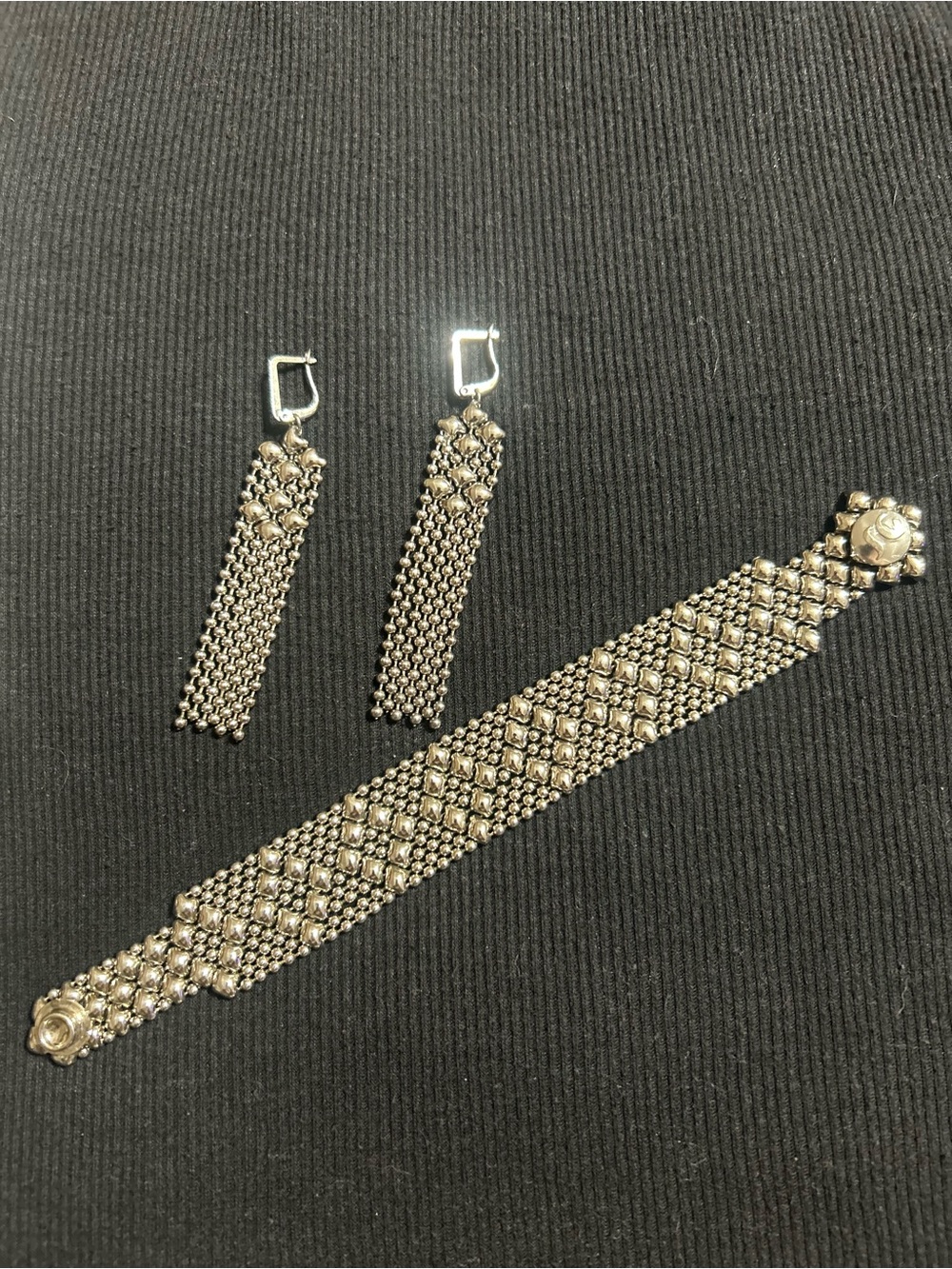 Sergio Gutierrez Liquid Metal Snap Bracelet W/ Matching Dangle Earrings.